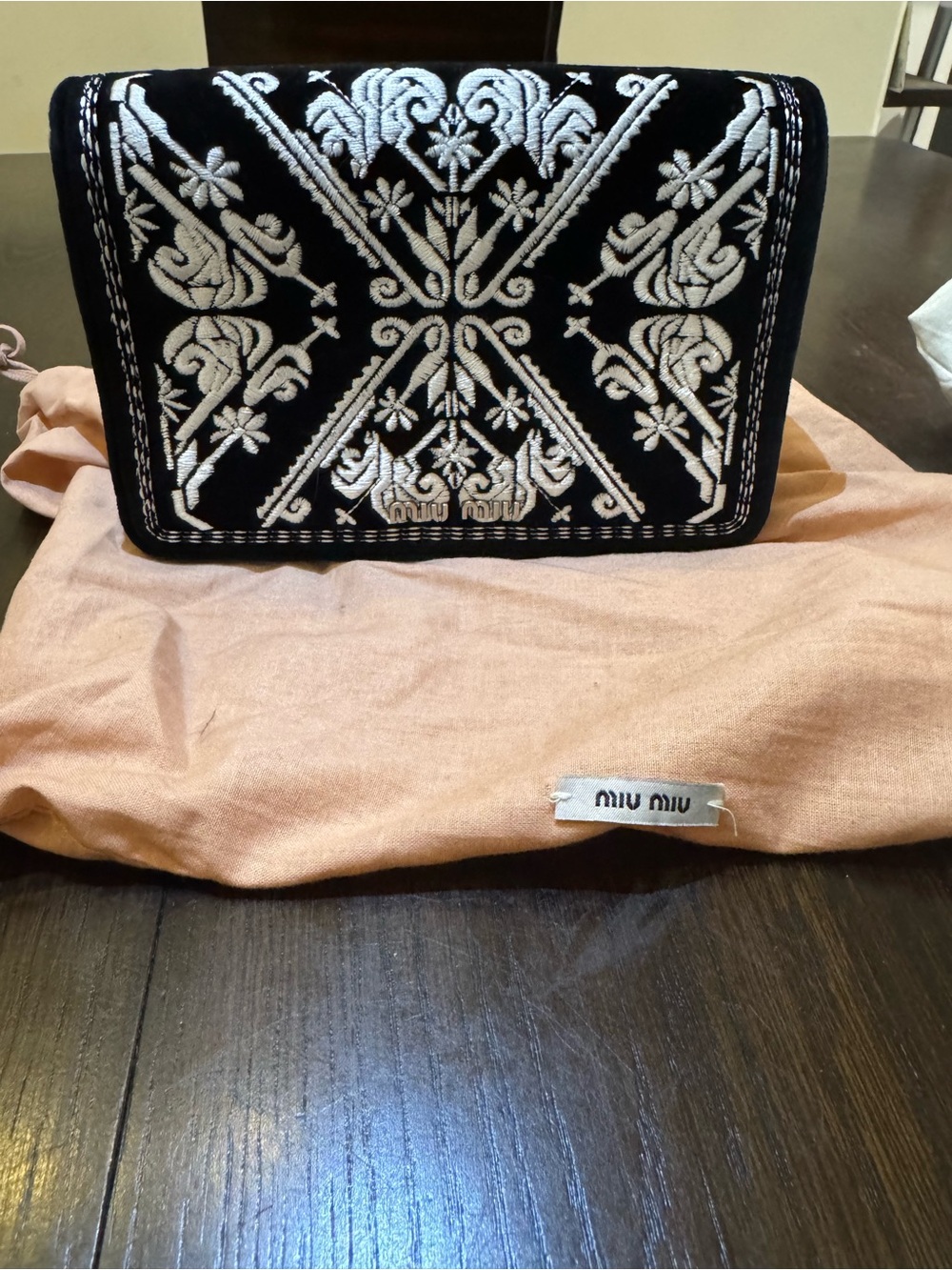 Miu Miu Black and White Embroidered Velvet Clutch
